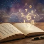 Cuaderno abierto con cálculos de numerología y números luminosos, con un calendario 2018 de fondo.