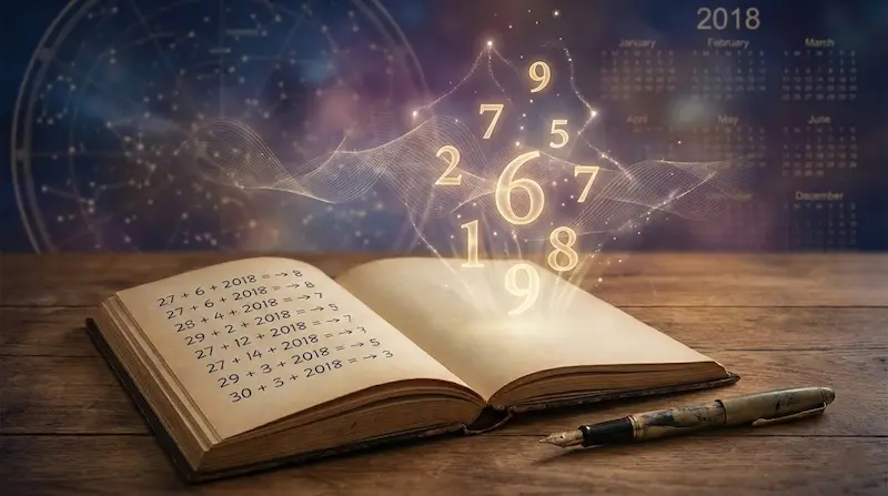 Cuaderno abierto con cálculos de numerología y números luminosos, con un calendario 2018 de fondo.