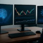 Estación de trabajo con tres monitores que muestran gráficos financieros y visualizaciones de inteligencia artificial