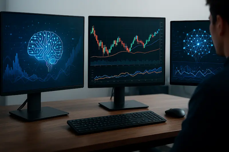 Estación de trabajo con tres monitores que muestran gráficos financieros y visualizaciones de inteligencia artificial