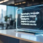 Panel digital futurista con texto sobre tecnología y lenguaje en una oficina moderna