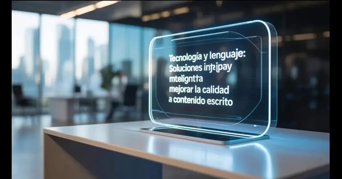 Panel digital futurista con texto sobre tecnología y lenguaje en una oficina moderna
