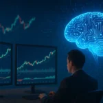 Operador frente a pantallas de trading con gráficos financieros y un cerebro digital que simboliza la inteligencia artificial