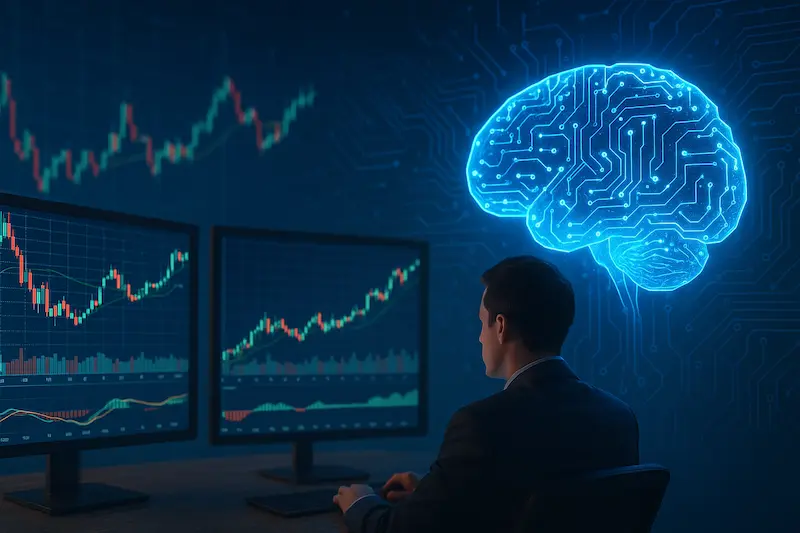 Operador frente a pantallas de trading con gráficos financieros y un cerebro digital que simboliza la inteligencia artificial
