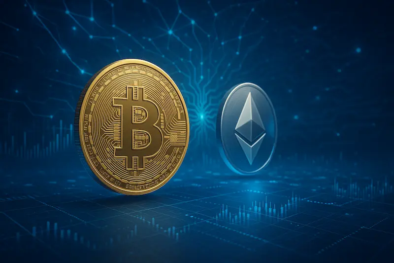 Bitcoin y Ethereum en un entorno digital con inteligencia artificial aplicada al trading