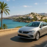 Coche circulando por carretera costera en Málaga con vistas al mar Mediterráneo y casas blancas andaluzas
