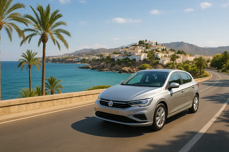 Coche circulando por carretera costera en Málaga con vistas al mar Mediterráneo y casas blancas andaluzas