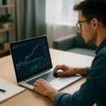 Persona joven analizando gráficos financieros en una laptop como parte de un curso online