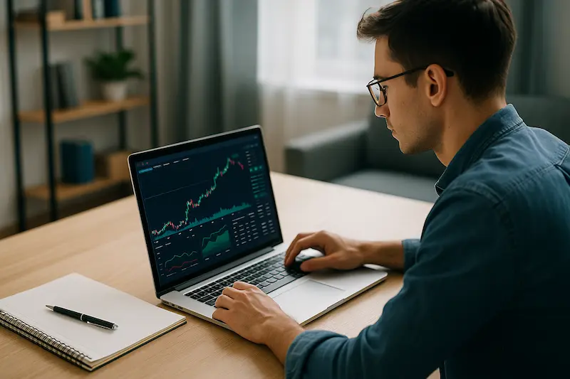 Persona joven analizando gráficos financieros en una laptop como parte de un curso online