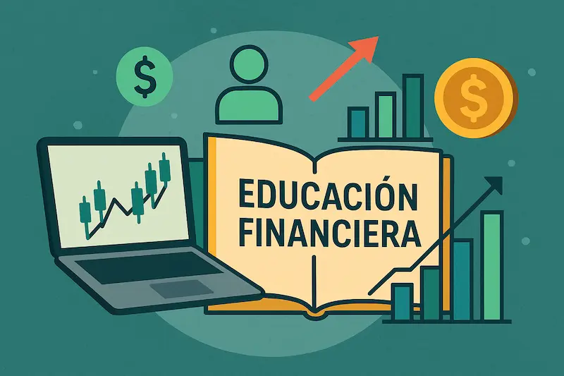 Ilustración digital con gráficos financieros, un libro abierto y elementos educativos sobre finanzas
