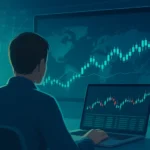 Persona de espaldas frente a pantallas digitales con gráficos financieros en una plataforma de formación