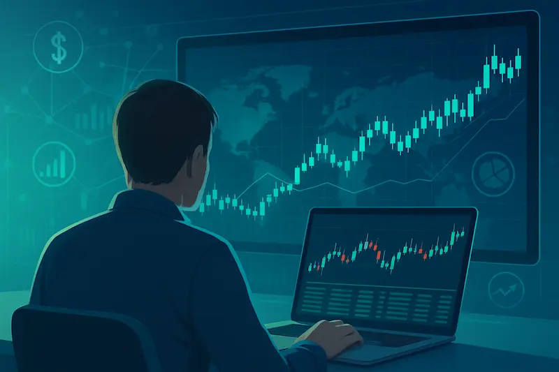 Persona de espaldas frente a pantallas digitales con gráficos financieros en una plataforma de formación