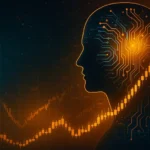 Ilustración fotorrealista en formato horizontal de silueta tecnológica con circuitos y gráficos bursátiles en tonos púrpura y naranja, sin texto ni logotipos.