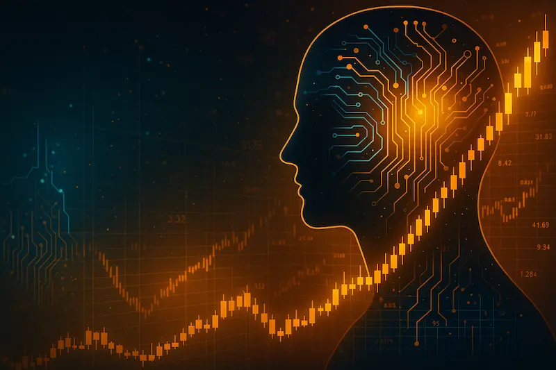 Ilustración fotorrealista en formato horizontal de silueta tecnológica con circuitos y gráficos bursátiles en tonos púrpura y naranja, sin texto ni logotipos.