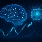 Ilustración digital fotorrealista de inteligencia artificial y automatización financiera con gráficos de criptomonedas