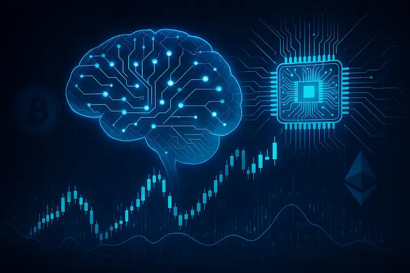 Ilustración digital fotorrealista de inteligencia artificial y automatización financiera con gráficos de criptomonedas