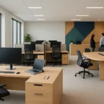 3D render of a modern open-plan office with custom light wood desks, modular workstations, an oval meeting table and a branded reception wall with plants