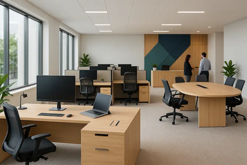 3D render of a modern open-plan office with custom light wood desks, modular workstations, an oval meeting table and a branded reception wall with plants