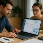 Zwei Personen arbeiten im modernen Büro an einem Laptop mit Buchhaltungs- und E-Rechnungssoftware