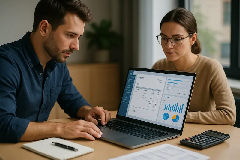 Zwei Personen arbeiten im modernen Büro an einem Laptop mit Buchhaltungs- und E-Rechnungssoftware