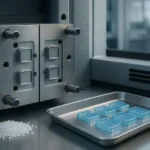 Open aluminum injection mold with small batch of blue plastic parts on a tray, pellets nearby; concept for short-run molding