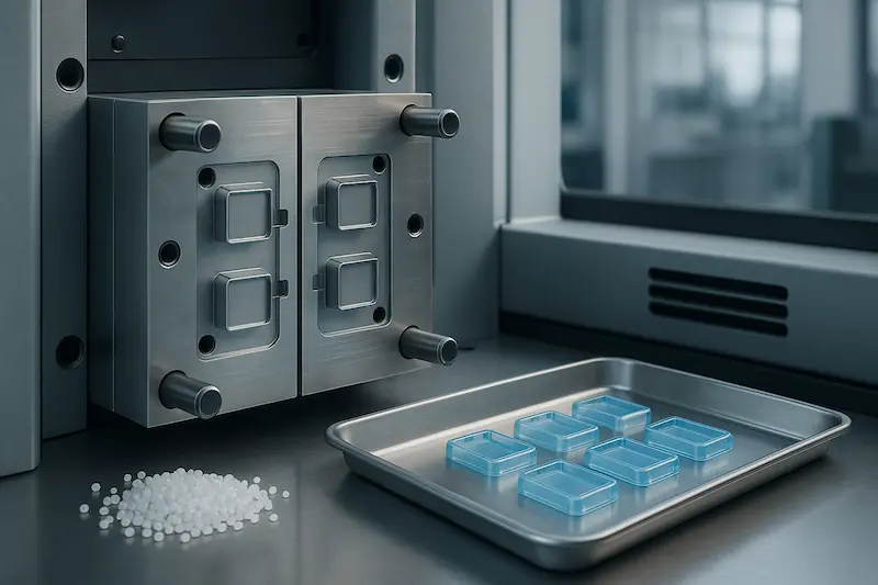 Open aluminum injection mold with small batch of blue plastic parts on a tray, pellets nearby; concept for short-run molding