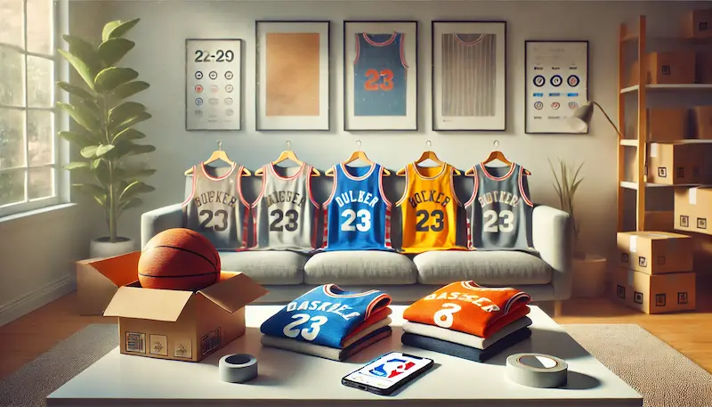 Sofá con varias camisetas de baloncesto tipo NBA dobladas, una caja de envío abierta, una pelota y un celular con una app de compras deportivas.