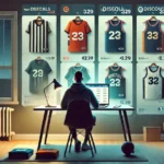 Aficionado sentado frente a su computadora comparando camisetas de futbol baratas y camisetas NBA en una tienda online durante la noche.