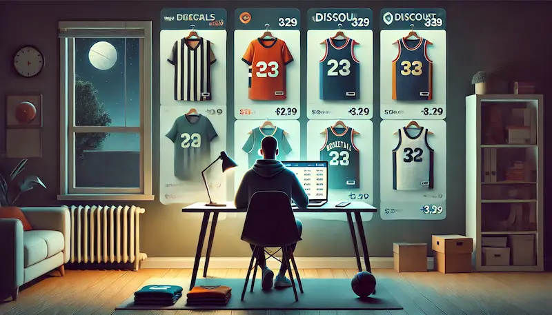 Aficionado sentado frente a su computadora comparando camisetas de futbol baratas y camisetas NBA en una tienda online durante la noche.