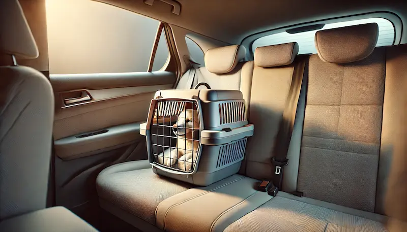 Canil con perro dentro asegurado con cinturón en el asiento trasero de un auto