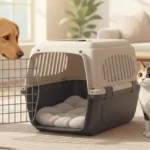 Perro y gato frente a un canil abierto en un living luminoso