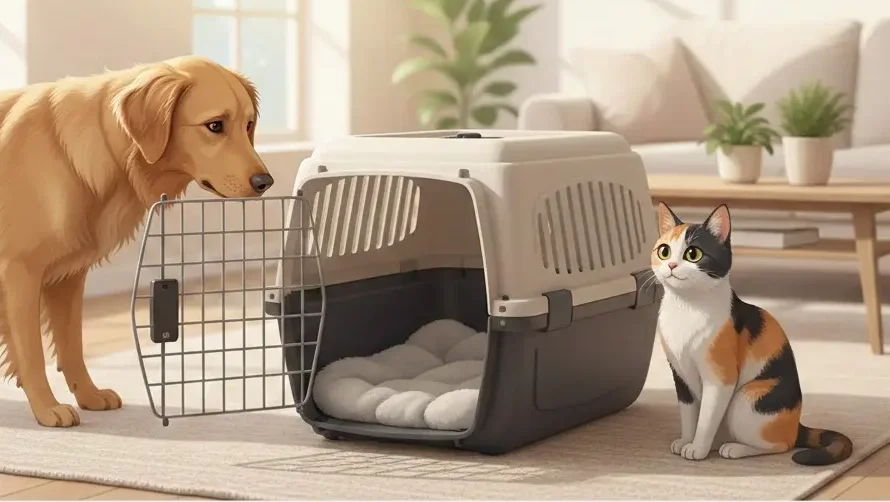 Perro y gato frente a un canil abierto en un living luminoso