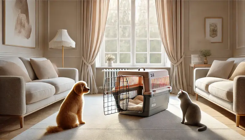 Perro y gato observan un canil abierto en un living luminoso y acogedor