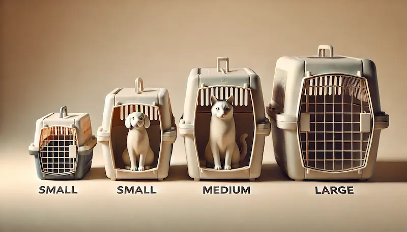 Tres caniles de diferentes tamaños con perro pequeño, perro mediano, perro grande y un gato como referencia