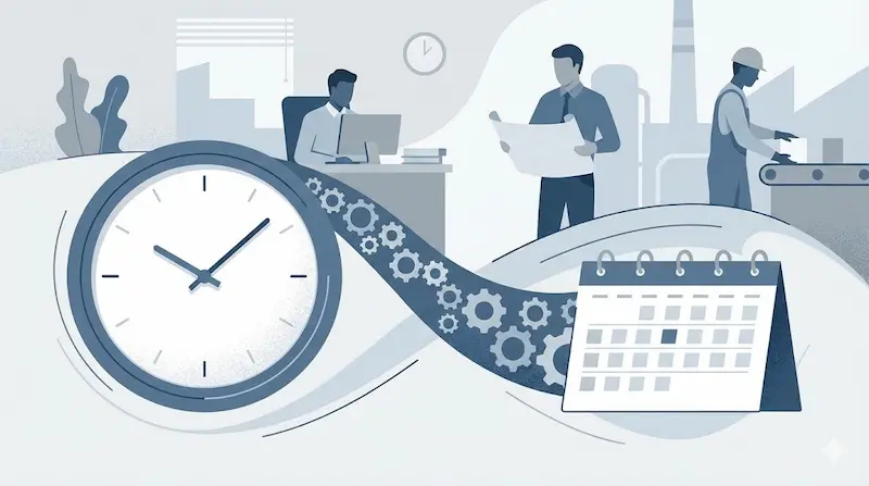 Reloj y calendario con engranajes y trabajadores, concepto de banco de horas y vacaciones en la reforma laboral