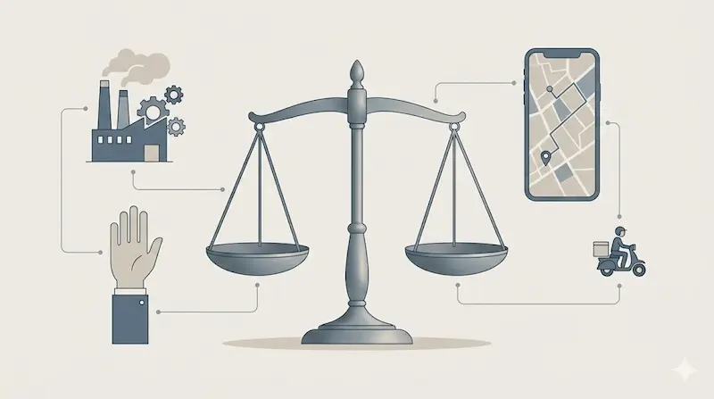 Balanza con iconos de fábrica, asamblea y app de reparto, concepto de sindicatos, servicios esenciales y plataformas