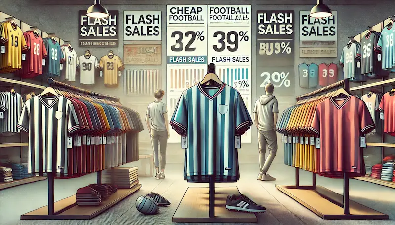 Interior de tienda deportiva con percheros llenos de camisetas de futbol baratas y carteles de flash sales destacando grandes descuentos.