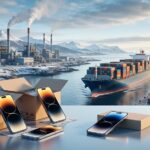 Celulares importados en cajas y contenedores en un puerto, con una planta industrial al fondo, en alusión al arancel 0% y su impacto en Tierra del Fuego