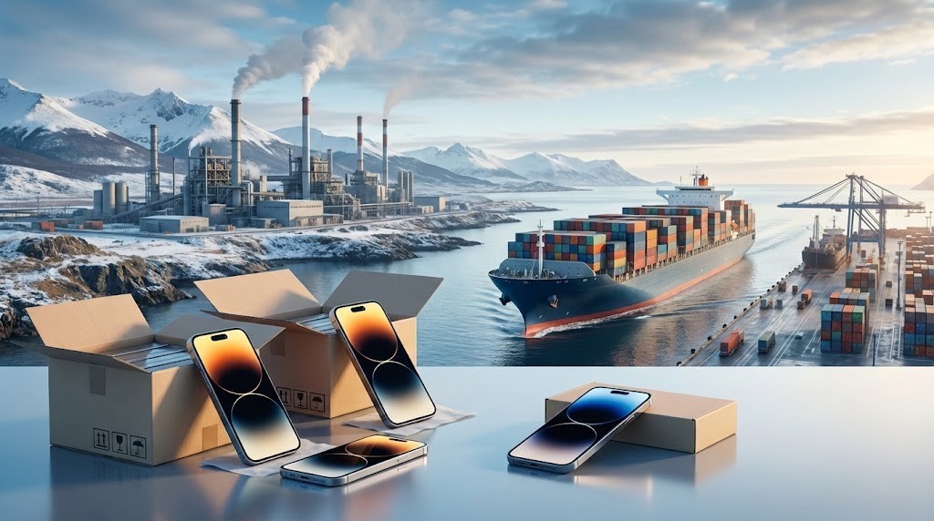 Celulares importados en cajas y contenedores en un puerto, con una planta industrial al fondo, en alusión al arancel 0% y su impacto en Tierra del Fuego