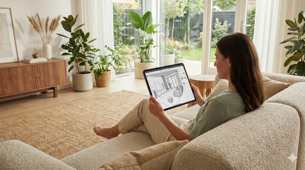 Persona usando una tablet con una herramienta de diseño de interiores 3D online para planificar ambientes del hogar