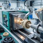 Injection molding machine producing technical components with engineering plastics in an industrial facility