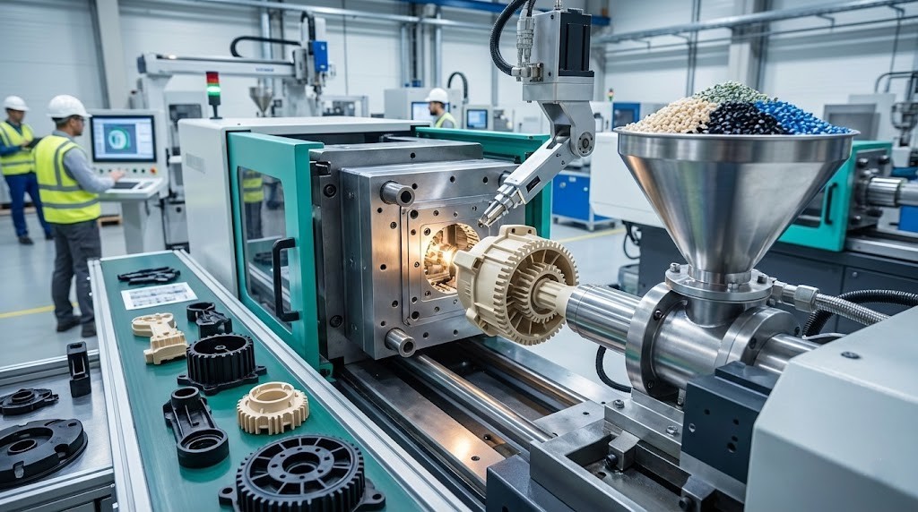 Injection molding machine producing technical components with engineering plastics in an industrial facility