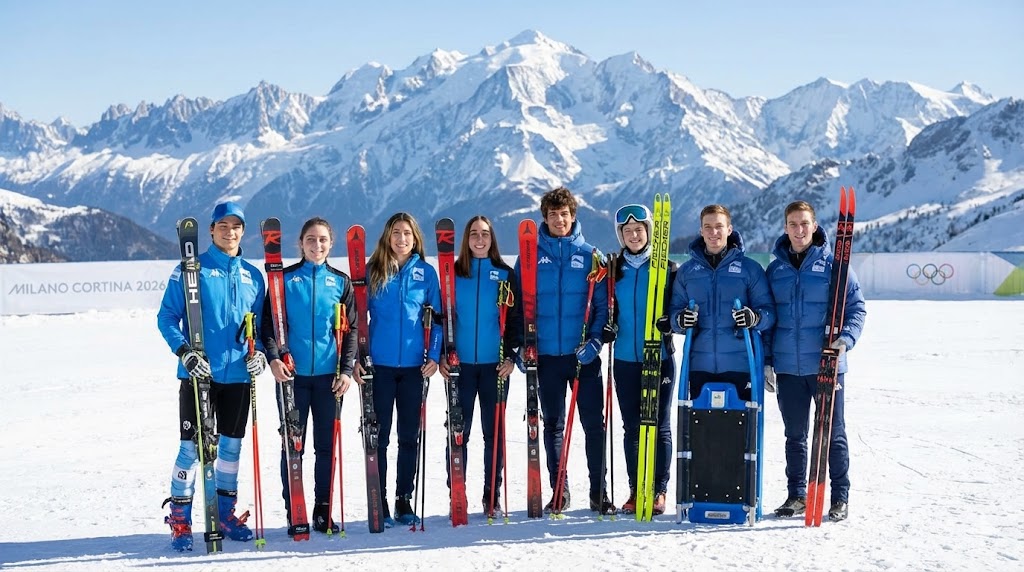 Equipo argentino de deportes de invierno posando con esquíes en la nieve rumbo a Milano-Cortina 2026