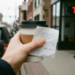 Mano sosteniendo un café para llevar y un ticket con total 7.77, con un display rojo 7:77 al fondo