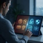 Persona usando una tablet con iconos de seguridad y casino online en pantalla, como candado, escudo y slot 777