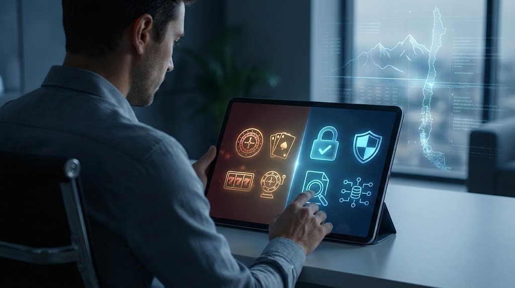 Persona usando una tablet con iconos de seguridad y casino online en pantalla, como candado, escudo y slot 777