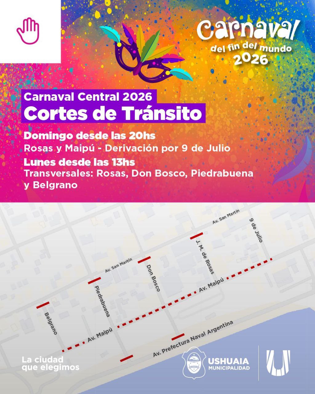 Habrá cortes de tránsito en Ushuaia por el Carnaval Central