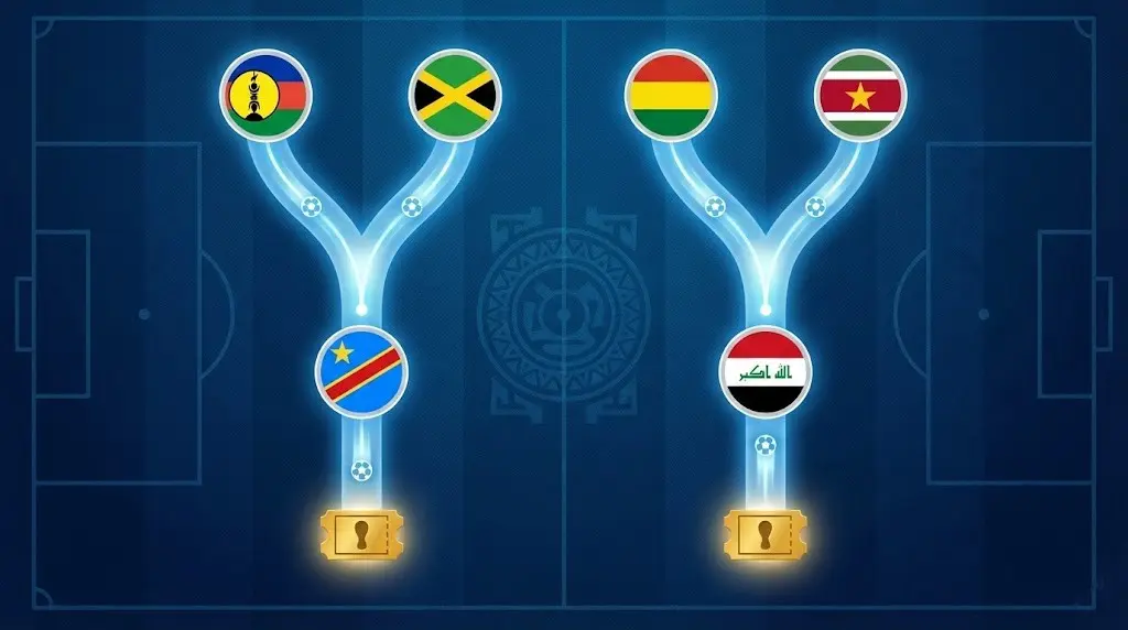 Cuadro de llaves del repechaje con banderas de Bolivia, Surinam, Jamaica, Nueva Caledonia, RD del Congo e Irak y dos cupos en juego.