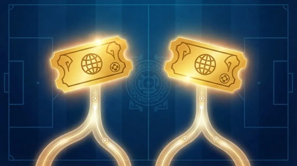 Dos tickets dorados con ícono de globo sobre un fondo azul tipo cancha, representando dos cupos en juego.