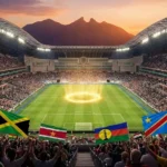 Estadio de fútbol lleno con banderas de Bolivia, Jamaica, Surinam, Nueva Caledonia, RD del Congo e Irak en las tribunas.